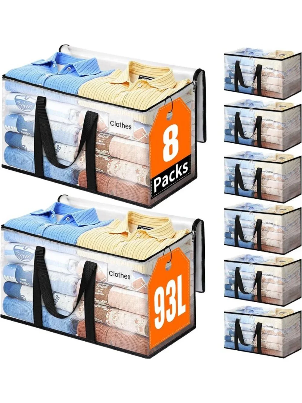 Extra Large Heavy Duty Storage Bags with Zippers & Handles - 8 Pack, 93L Tote